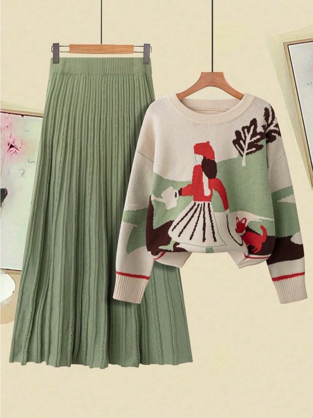 New Arrivals! 2PC Green Pleated Maxi Skirt & Portrait Sweater Top Set